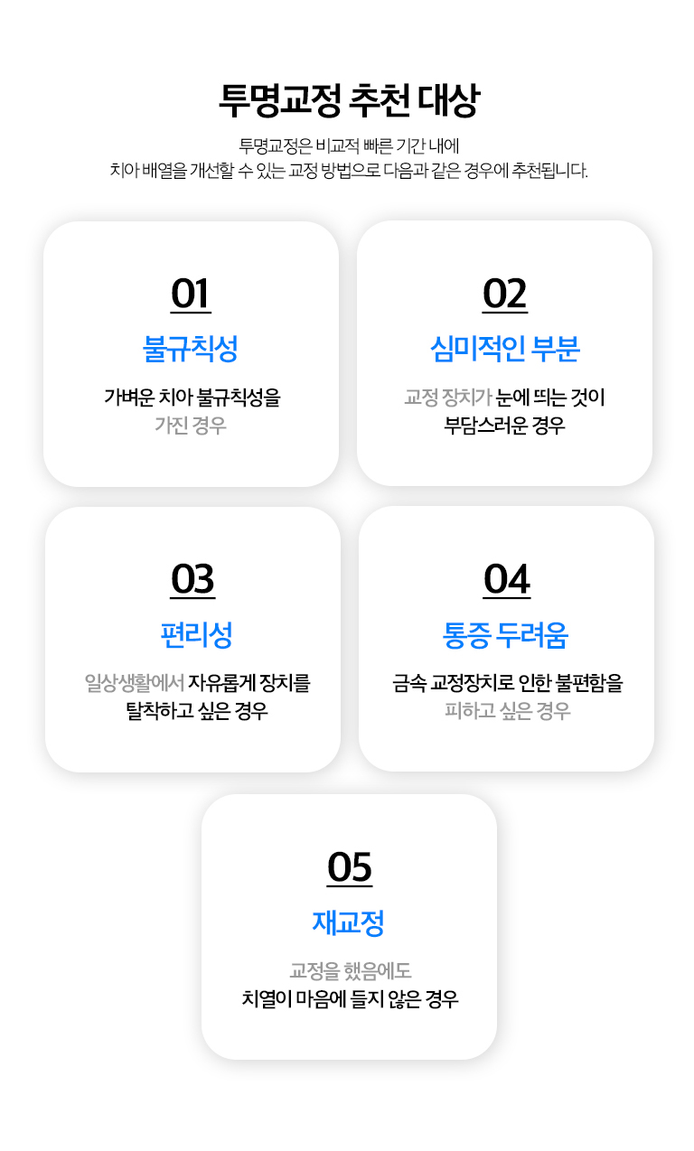 수원 투명교정 상세 안내 - 착용과 관리 - 투명 장치는 정해진 시간 동안 꾸준히 착용해야 계획한 이동을 얻기 쉽습니다. 식사와 양치 시 분리하고 장치와 치아를 청결하게 관리합니다. / 투명하다고 모두 같은 치료는 아닙니다 - 장치 브랜드보다 진단과 치아 이동 계획, 정기 확인이 중요합니다. 부착물 사용, 치아 사이 공간 조정 등 보조적인 처치가 필요할 수 있습니다.