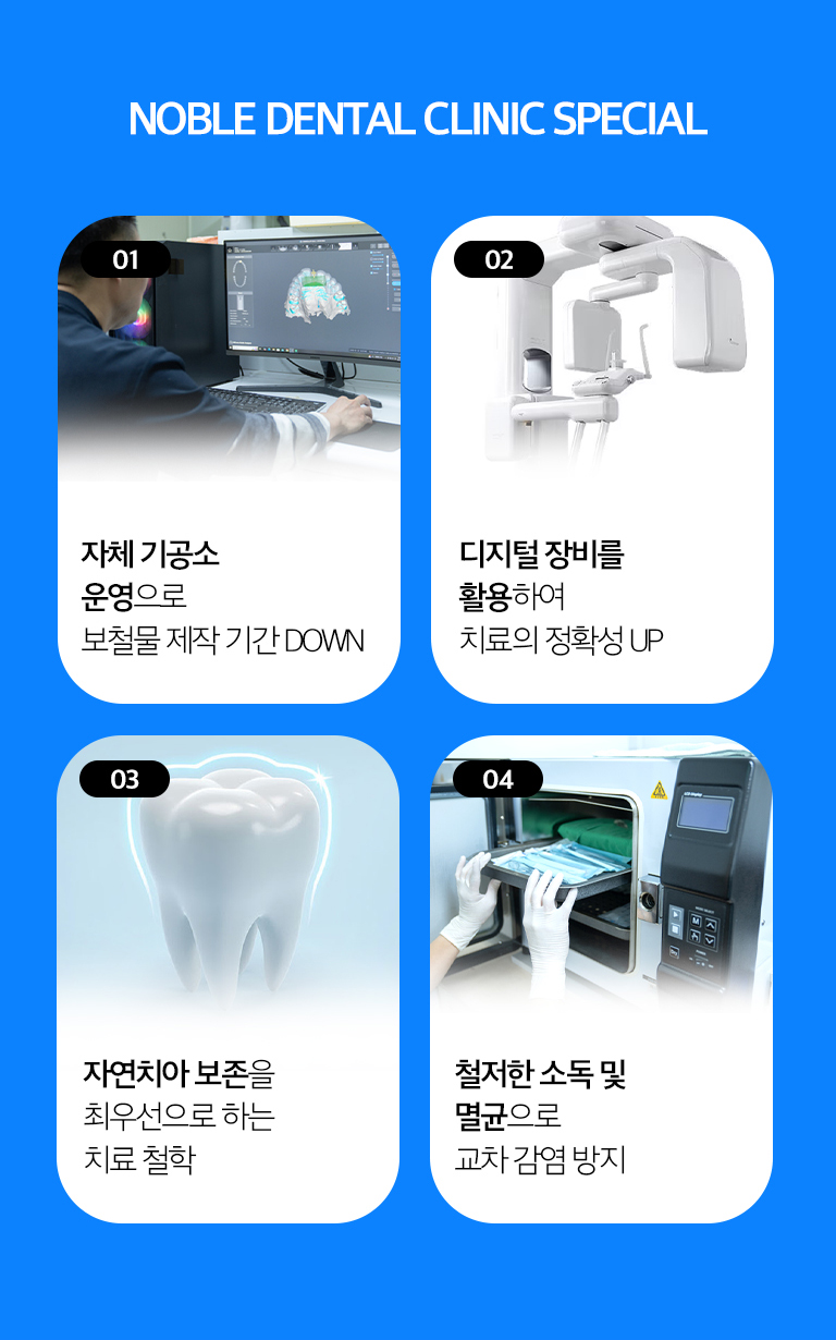 노블치과 진료 시스템 - 자체 기공소 운영, 디지털 장비 활용, 자연치아 보존 우선, 소독과 멸균을 통한 감염관리 항목